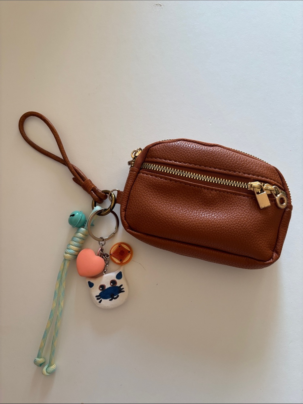 Brown Faux Leather Wristlet Key Pouch with Charm